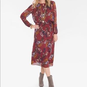 Chico's Floral Long Sleeve Midi Dress Keyhole Neck